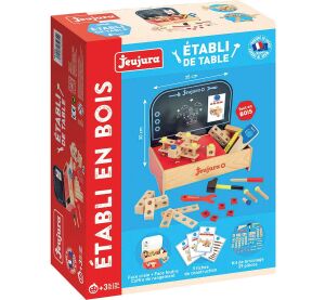 Jeujura Dřevěný stůl s nářadím ke stavebnici pro malé kutily 39 dílů