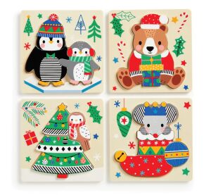 Mudpuppy Dřevěné puzzle sada 4 puzzle Vánoce