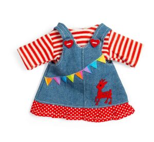 Bigjigs Toys Džínové šaty s laclem a pruhovaným tričkem pro panenku 28 cm