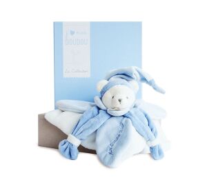 Doudou Dárková sada - plyšový muchláček modrý medvídek 24 cm