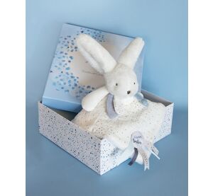 Doudou Dárková sada modrá - králíček s čtvercovou dečkou 25 cm