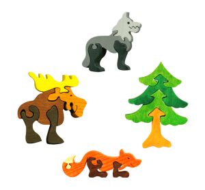 Fauna Dřevěné vkládací puzzle z masivu sada lesní zvířátka 4 ks