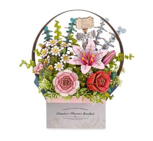 RoboTime 3D dřevěná skládačka Košík s květinami