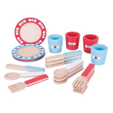 Bigjigs Toys Dřevěný jídelní servis s puntíky