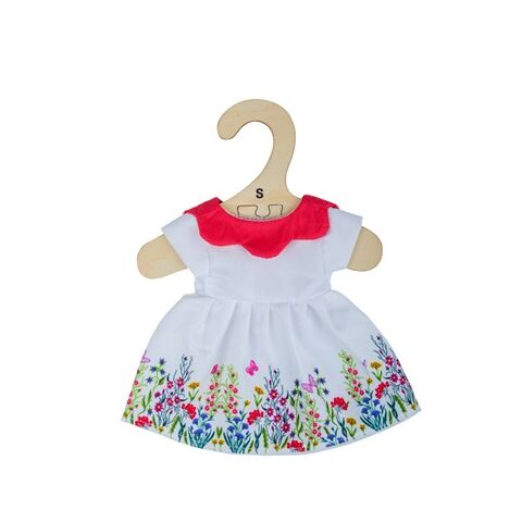 Bigjigs Toys Bílé květinové šaty s červeným límečkem pro panenku 25 cm