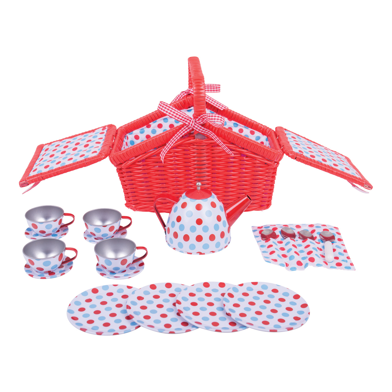 Levně Bigjigs Toys Čajová puntíkovaná sada v piknikovém koši