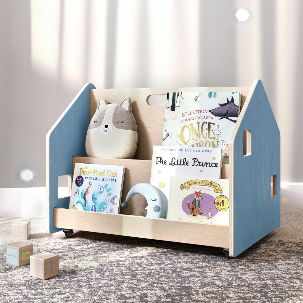 Oboustranná knihovnička na kolečkách – světle modrá