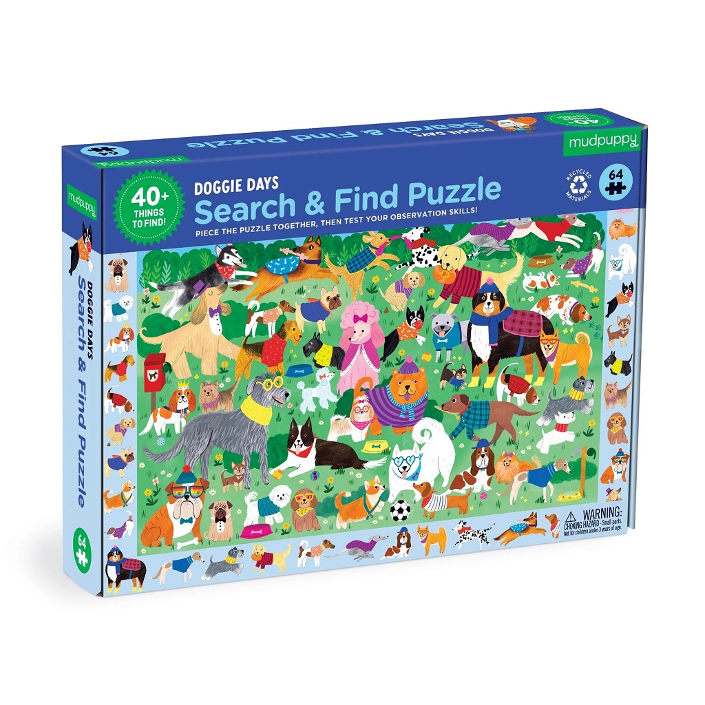 Levně Mudpuppy Puzzle skládej a hledej "Psí den" 64 dílů