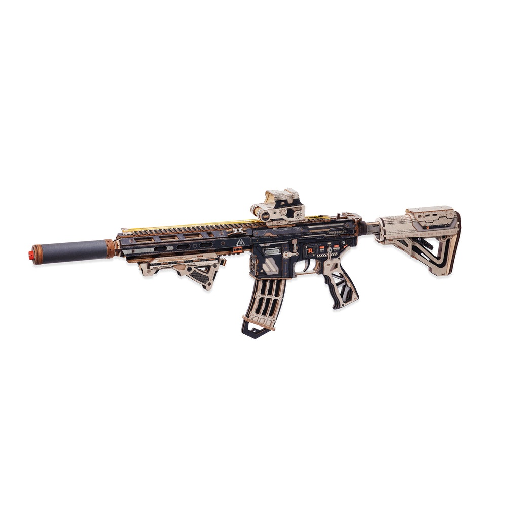 RoboTime 3D dřevěná skládačka Puška na vystřelování gumiček M416 Carbine