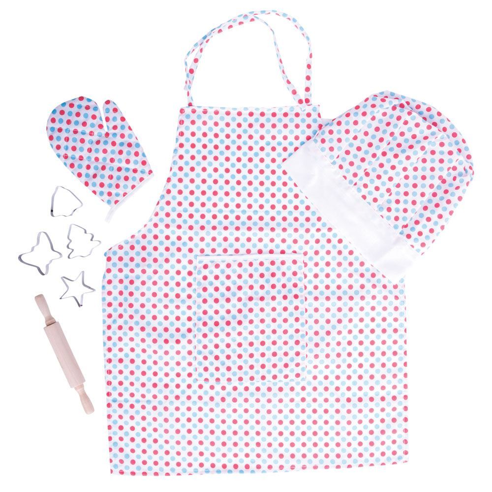 Levně Bigjigs Toys Kuchařský set se zástěrou s puntíky